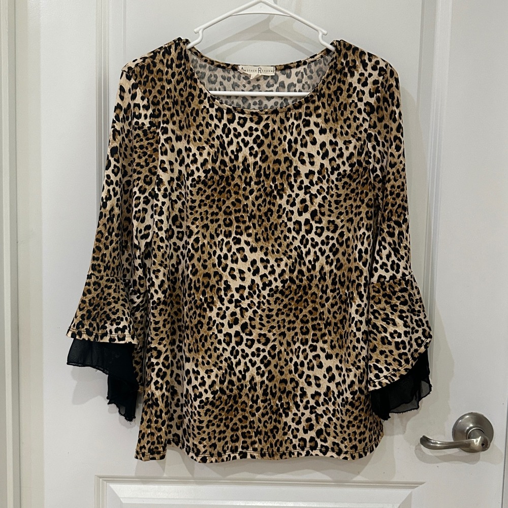 Another Reason Leopard Print Bell Sleeve Blouse Tan Black Mesh Trim Large